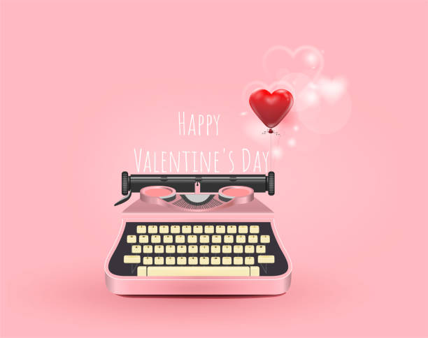 粉紅色打字機寫一條愛紅心的資訊, 想念你, 情人節快樂, 可愛的卡片與心臟, 文字, 元素, 愛情, 傳單, 邀請, 摺頁冊, 橫幅, 海報, 孤立的粉紅色背景 - cherry valentine 幅插畫檔、美工圖案、卡通及圖標