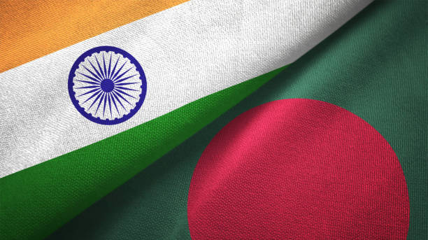 istock Bangladesh and India two flags together textile cloth fabric texture 1093161702