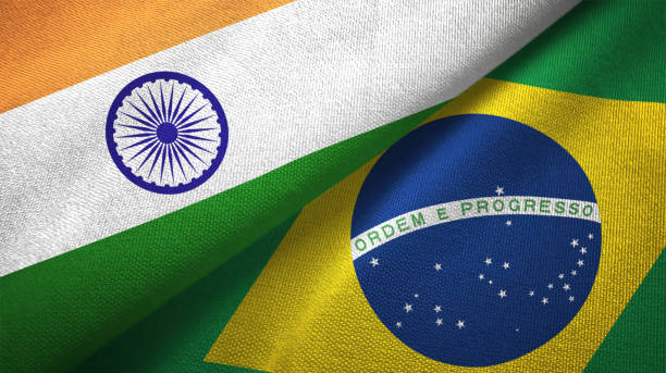 Brazil and India two flags together textile cloth fabric texture