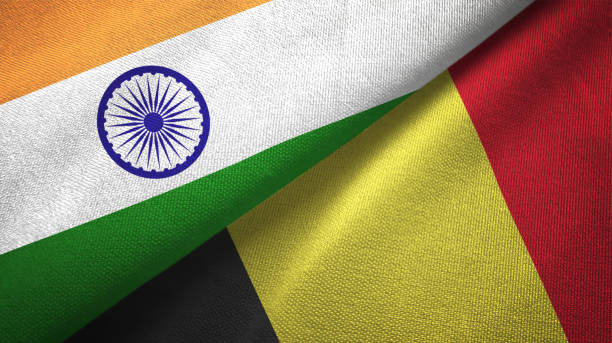 istock Belgium and India two flags together textile cloth fabric texture 1093161772
