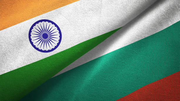 istock Bulgaria and India two flags together textile cloth fabric texture 1093161830