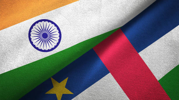 istock Central African Republic and India two flags together textile cloth fabric texture 1093161846