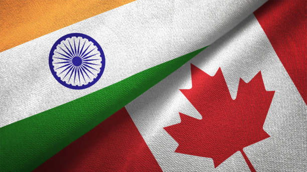 Canada and India two flags together textile cloth fabric texture