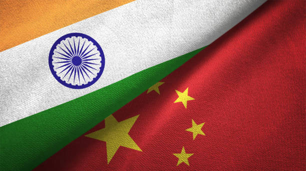 中國和印度兩旗一起紡織布織物紋理 - 中國國旗 個照片及圖片檔