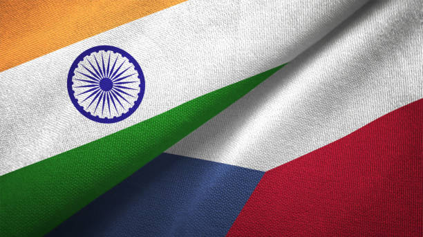 istock Czech Republic and India two flags together textile cloth fabric texture 1093161982