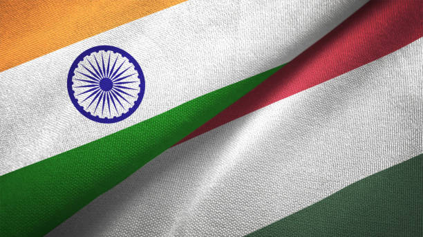 istock Hungary and India two flags together textile cloth fabric texture 1093162160