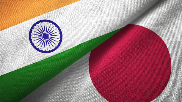 japan and india two flags together textile cloth fabric texture - japanese flag flag japan textile imagens e fotografias de stock