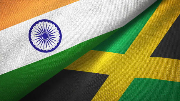 istock Jamaica and India two flags together textile cloth fabric texture 1093162350