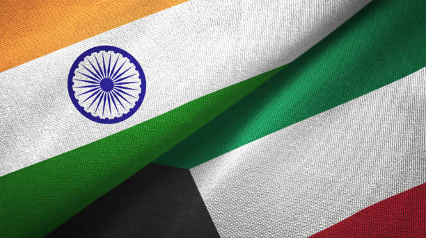 istock Kuwait and India two flags together textile cloth fabric texture 1093162416