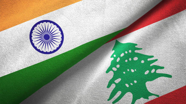 istock Lebanon and India two flags together textile cloth fabric texture 1093162480