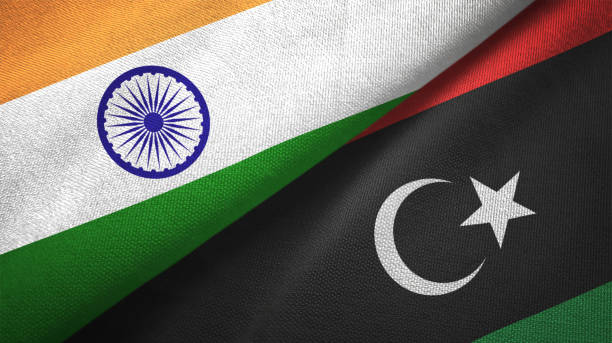 istock Libya and India two flags together textile cloth fabric texture 1093162508