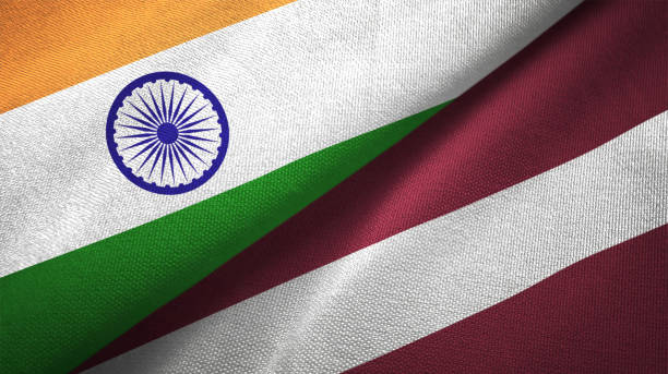 istock Latvia and India two flags together textile cloth fabric texture 1093162620