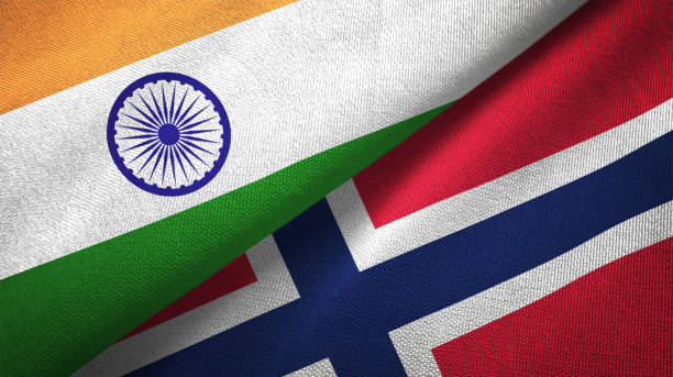 istock Norway and India two flags together textile cloth fabric texture 1093162802