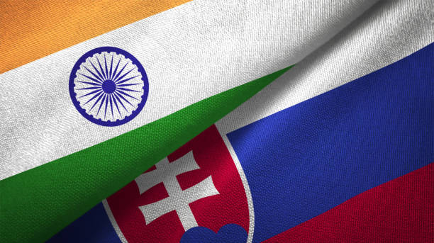 istock Slovakia and India two flags together textile cloth fabric texture 1093163038