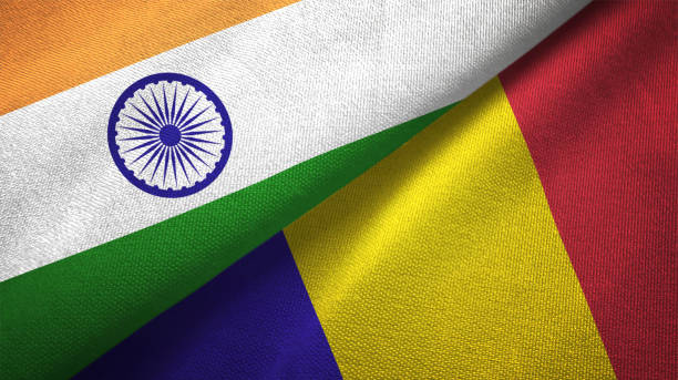istock Romania and India two flags together textile cloth fabric texture 1093163044