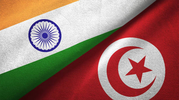 istock Tunisia and India two flags together textile cloth fabric texture 1093163198
