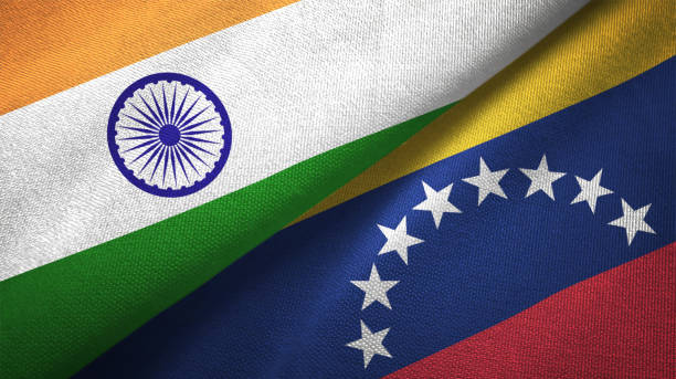 istock Venezuela and India two flags together textile cloth fabric texture 1093163272