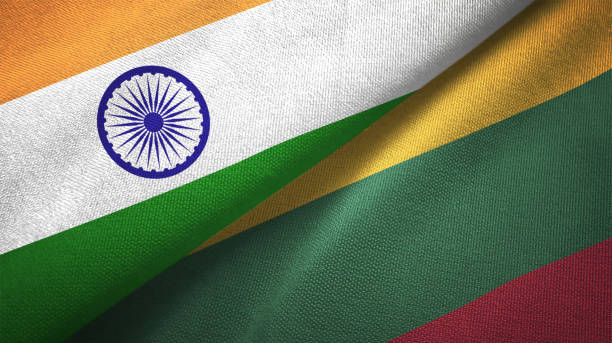 istock Lithuania and India two flags together textile cloth fabric texture 1093164956