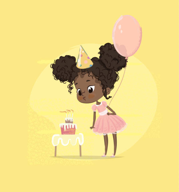 african american kid girl blow birthday cake candle holding balloon. cute baby girl wydmuchiwanie cupcake birth party. dziecko dziecko dziecko charakter w różowy sukienka plakat karta projekt płaski rysunek vector - vector birthday teenage girls little girls stock illustrations