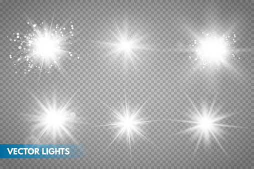 Set of Glowing Light Stars with Sparkles. Light effect. Vector Illustration -