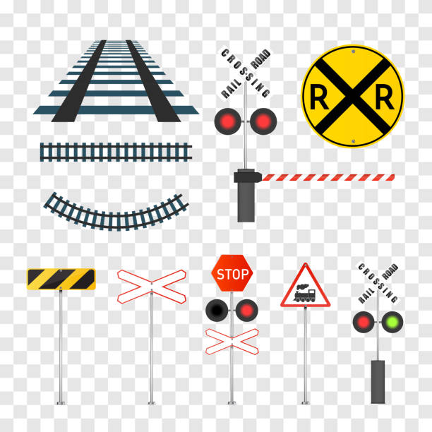 Railway signs Railway signs set isolated on transparent background. Vector illustration. crossroad stock illustrations