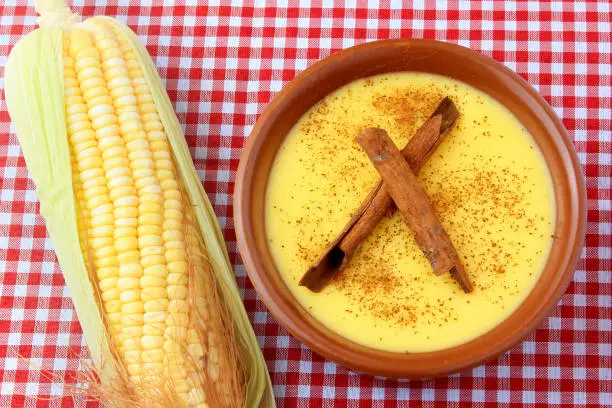 Photo of curau, cream of sweet corn and dessert typical of the Brazilian cuisine, with cinnamon placed in a ceramic bowl on a checkered tablecloth. Top view. Copy space