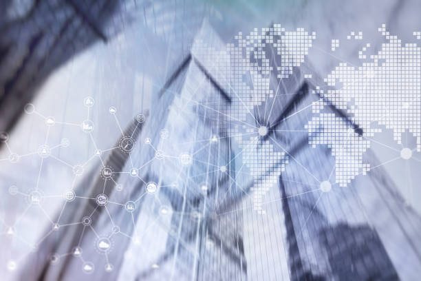 istock Double exposure mixed media. Diagrams, icons and relations structure on hologram screen. Business people and modern city on background 1093192130