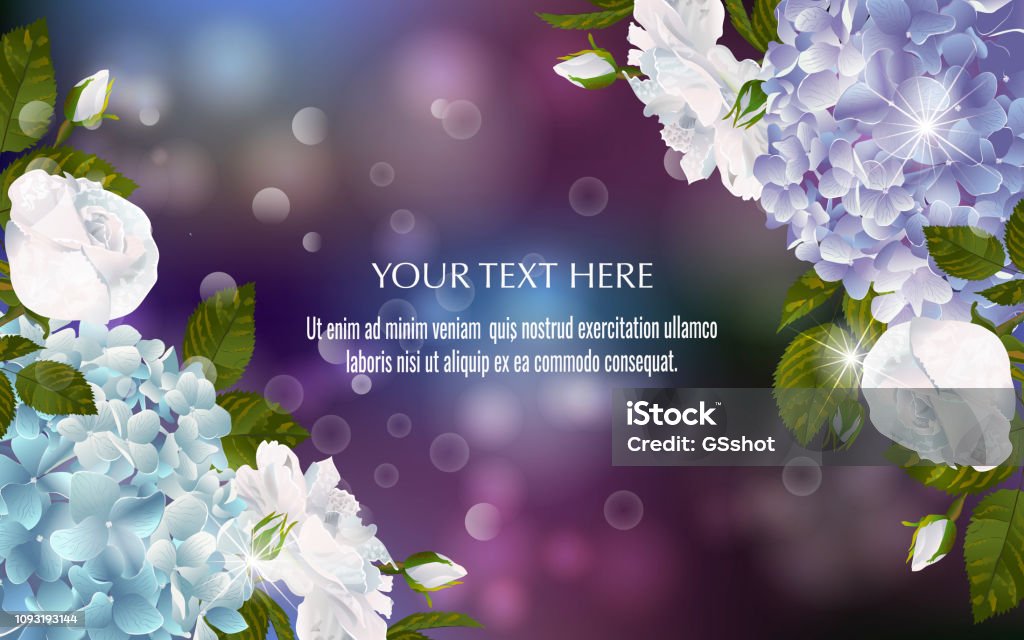 Vector banner with Luxurious hydrangea and roses flowers Vector banner with Luxurious hydrangea and roses flowers for invitation, sales, packaging, natural cosmetics, perfume. Space for text. Border - Frame stock vector