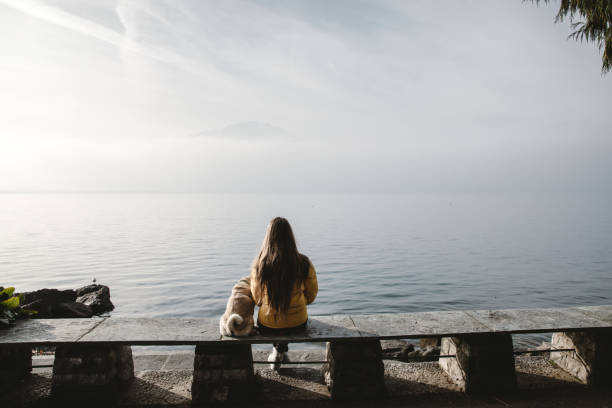 女性と犬の霧山とモントルーのレマン湖を見て - dog street loneliness solitude ストックフォトと画像