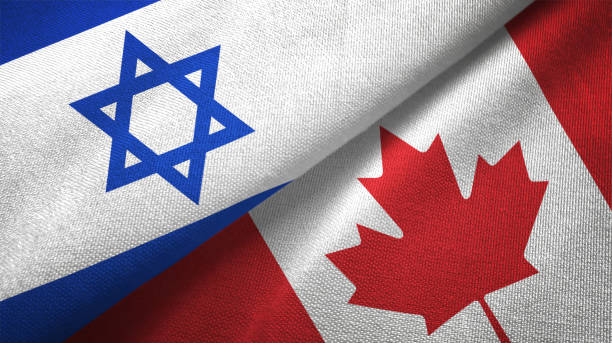 Canada and Israel two flags together textile cloth fabric texture