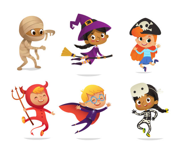 ilustrações, clipart, desenhos animados e ícones de conjunto de multirraciais meninos e meninas, vestindo trajes de halloween, isolados no fundo branco. personagens de vetor da bruxa criança, dos desenhos animados pirata, drácula, diabo, esqueleto, múmia, para festa, web, mascote - dracula orchid