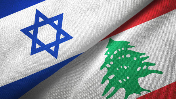 istock Lebanon and Israel two flags together textile cloth fabric texture 1093199440