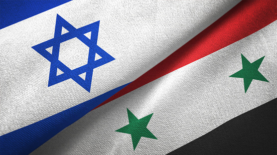 Syria Syrian Arab Republic and Israel flag together realtions textile cloth fabric texture