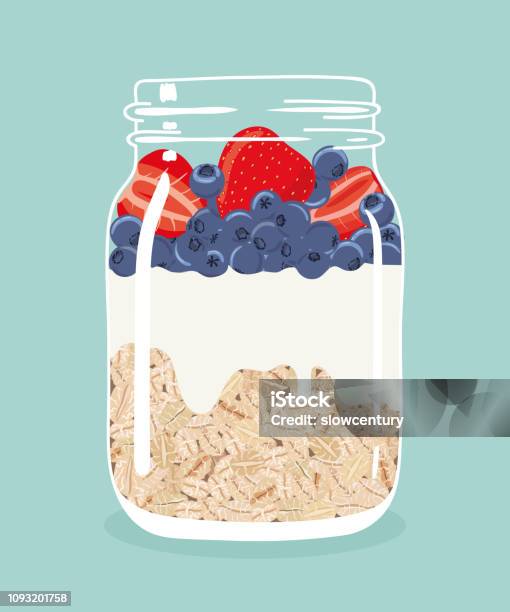 Overnight Oats With Strawberries Blueberries And Yogurt In Glass Mason Jar Vector Hand Drawn Illustration Stock Illustration - Download Image Now