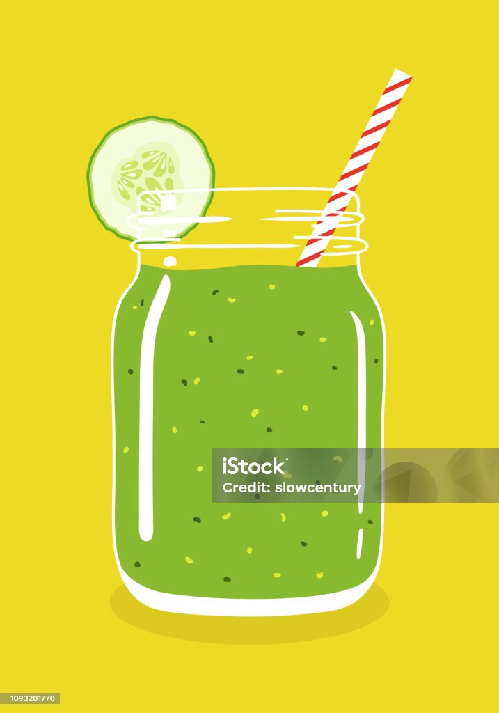 Green smoothie in mason jar with cucumber slice and swirled straw. Vector hand drawn illustration. Green smoothie in mason jar with cucumber slice and swirled straw isolated on background. Fresh natural healthy green vegetable drink. Vector hand drawn illustration eps10. Smoothie stock vector