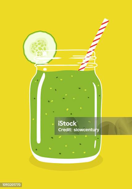 Green Smoothie In Mason Jar With Cucumber Slice And Swirled Straw Vector Hand Drawn Illustration Stock Illustration - Download Image Now