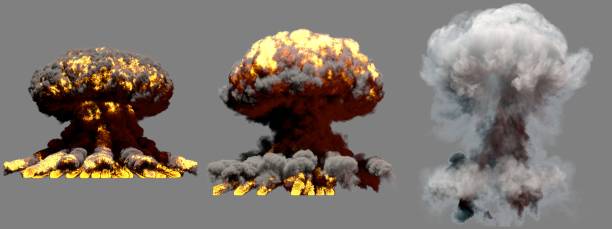 istock 3D illustration of explosion - 3 big different phases fire mushroom cloud explosion of super bomb with smoke and flame isolated on grey background 1093204270
