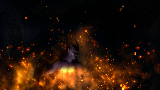 istock Fallen angel satan in a crypt at fire 1093206920