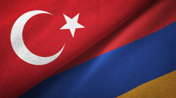 Armenia and Turkey two flags together textile cloth fabric texture Armenia and Turkey flag together realtions textile cloth fabric texture armenia country stock pictures, royalty-free photos & images