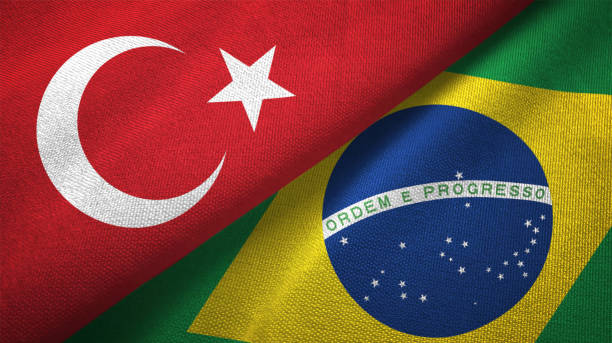 istock Brazil and Turkey two flags together textile cloth fabric texture 1093207402