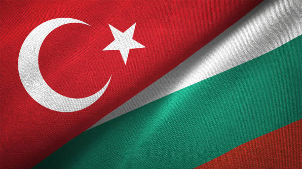 Bulgaria and Turkey two flags together textile cloth fabric texture Bulgaria and Turkey flag together realtions textile cloth fabric texture bulgaria stock pictures, royalty-free photos & images