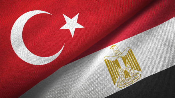 Egypt and Turkey two flags together textile cloth fabric texture