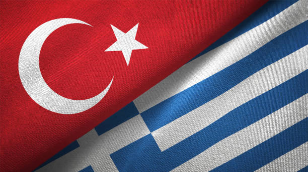 Greece and Turkey two flags together textile cloth fabric texture