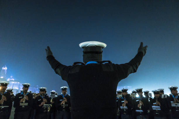 70th republic day of india parade rehearsal of Navy music band Soldiers of Indian Navy Band during their parade practice for 70 th republic day of india. Rehearsal shot at Vijay Chowk near Rashtrapati Bhavan,New Delhi,India on January 5,2019. indian navy stock pictures, royalty-free photos & images