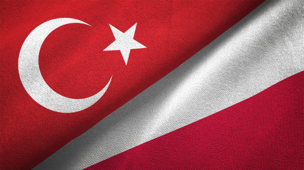 istock Poland and Turkey two flags together textile cloth fabric texture 1093209144