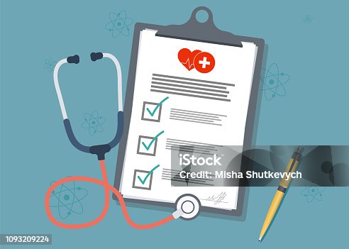 istock Medical Clipboard.Medical report with stethoscope and pen. Stethoscope with clipboard 1093209224