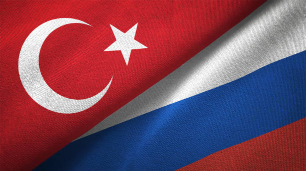 Russia and Turkey two flags together textile cloth fabric texture