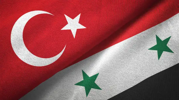 Syria and Turkey flag together realtions textile cloth fabric texture