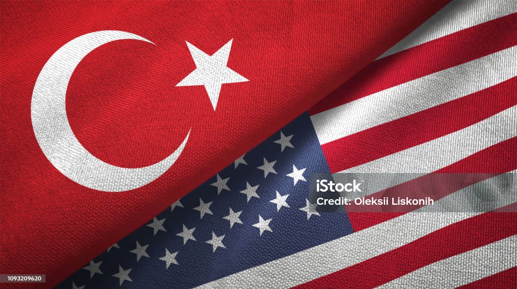 United States and Turkey two flags together textile cloth fabric texture United States and Turkey flag together realtions textile cloth fabric texture Türkiye - Country Stock Photo