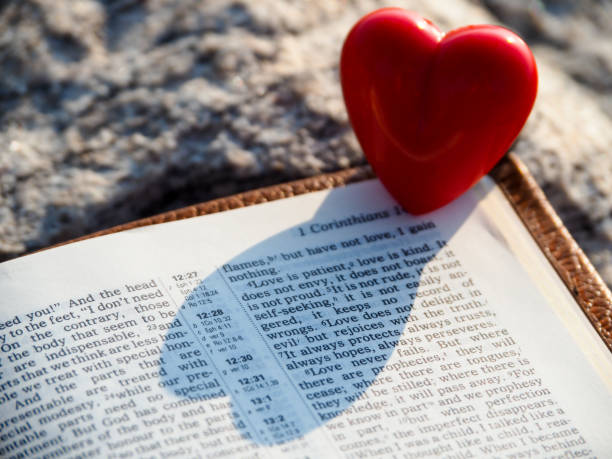 Red heart  and holy bible verse. Red heart on holy bible open in morning light.Heart's Shadow on wording of 1 corinthians 13 : 4-7 show " Love is".Wedding card.Love concept.Valentine's day background. Bible stock pictures, royalty-free photos & images